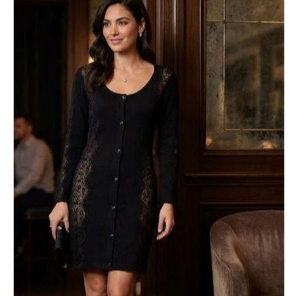 Valentino Roma Black Lace Trim Sweater Dress Longline Cardigan Size 2